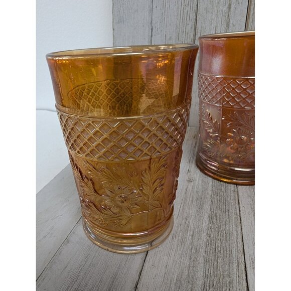 Vintage Dugan Lattice and Daisy Tumbler Marigold Carnival Glasses 4 1/4" Set 4 - Picture 4 of 8